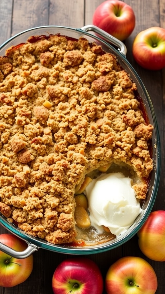 A delicious apple crumble in a 9x13 pan with golden topping and apples, served with ice cream.